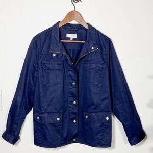 Talbots Womens Utility Jacket Navy Blue Gold Hardware Adjustable Waist Size 16